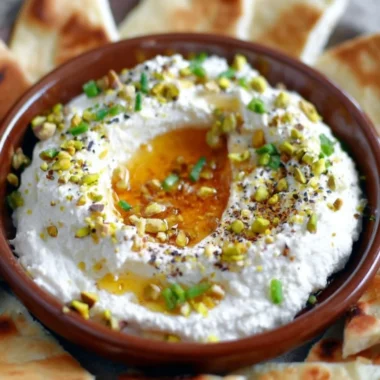 Creamy whipped feta topped with honey dip served in a bowl