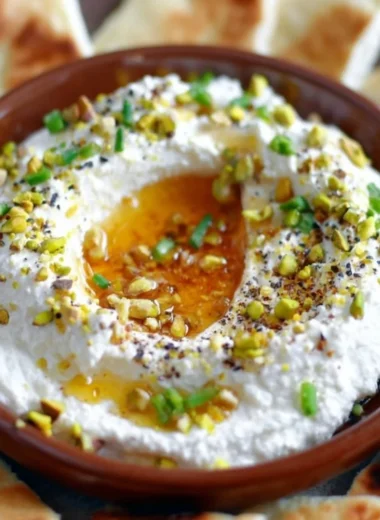 Creamy whipped feta topped with honey dip served in a bowl