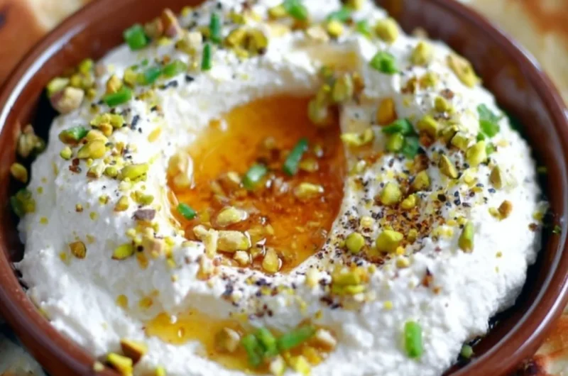 Creamy whipped feta topped with honey dip served in a bowl
