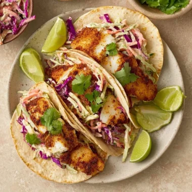 Air fryer fish tacos topped with cilantro lime slaw on a plate