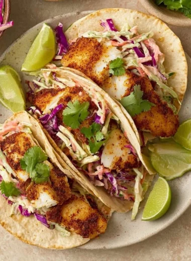 Air fryer fish tacos topped with cilantro lime slaw on a plate