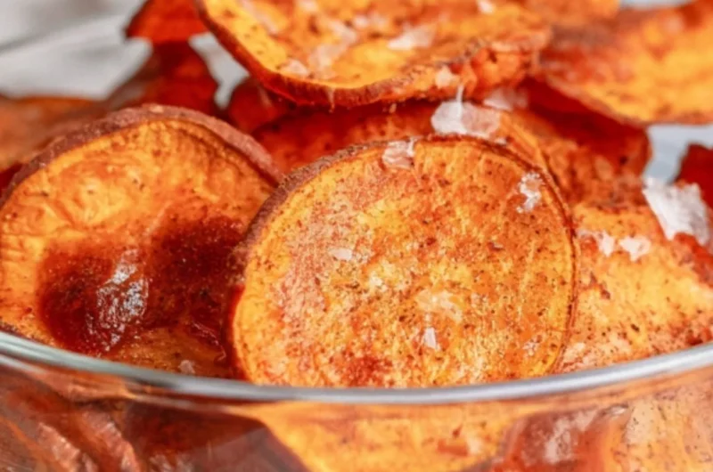 Crispy air fryer sweet potato chips served in a bowl