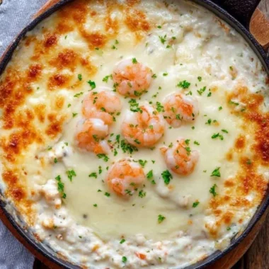 Delicious baked shrimp dip served in a dish, perfect for appetizers.