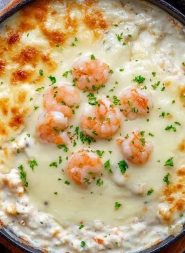 Delicious baked shrimp dip served in a dish, perfect for appetizers.