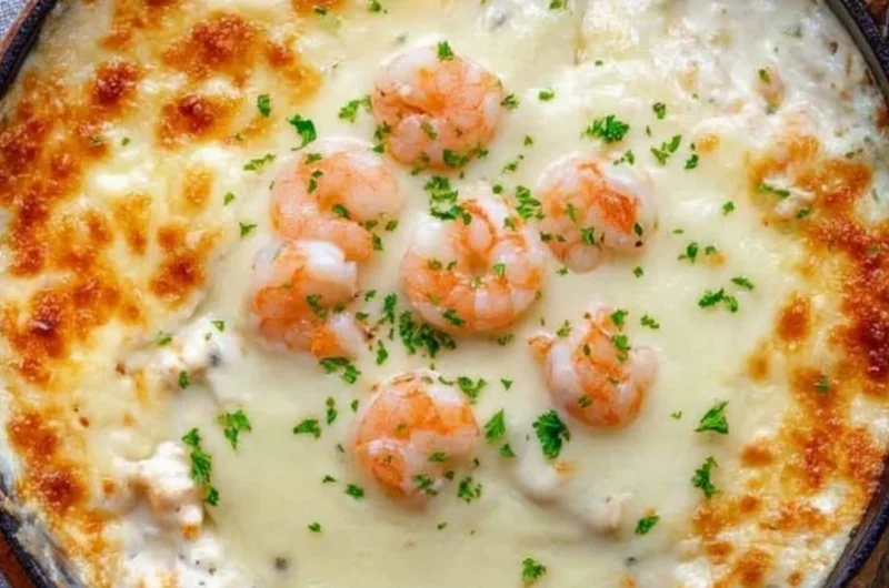 Delicious baked shrimp dip served in a dish, perfect for appetizers.
