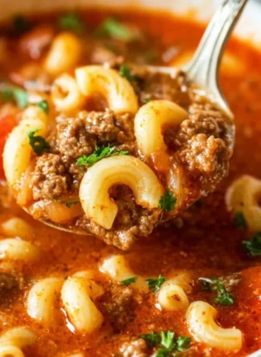 Bowl of beef and macaroni soup, garnished with herbs, showcasing a hearty meal.