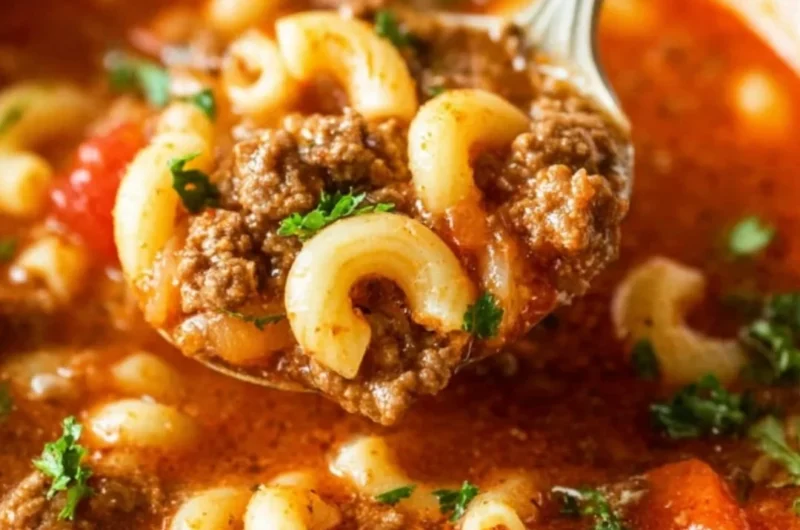 Bowl of beef and macaroni soup, garnished with herbs, showcasing a hearty meal.