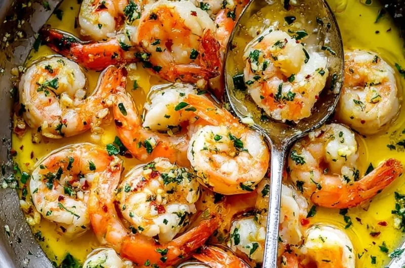 Plate of delicious shrimp scampi garnished with herbs and lemon