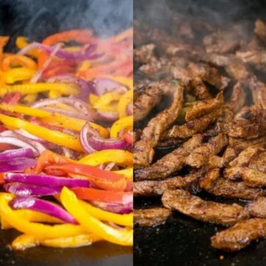 Grilled Blackstone steak fajitas with colorful bell peppers and onions