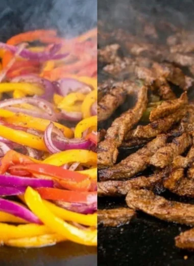 Grilled Blackstone steak fajitas with colorful bell peppers and onions