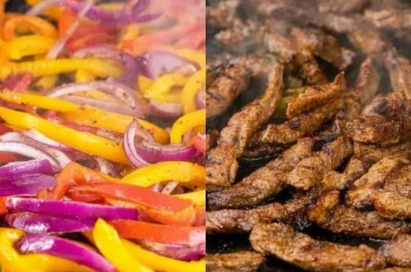 Grilled Blackstone steak fajitas with colorful bell peppers and onions