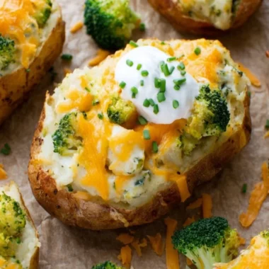 Broccoli and Cheddar Twice-Baked Potatoes topped with cheese and broccoli