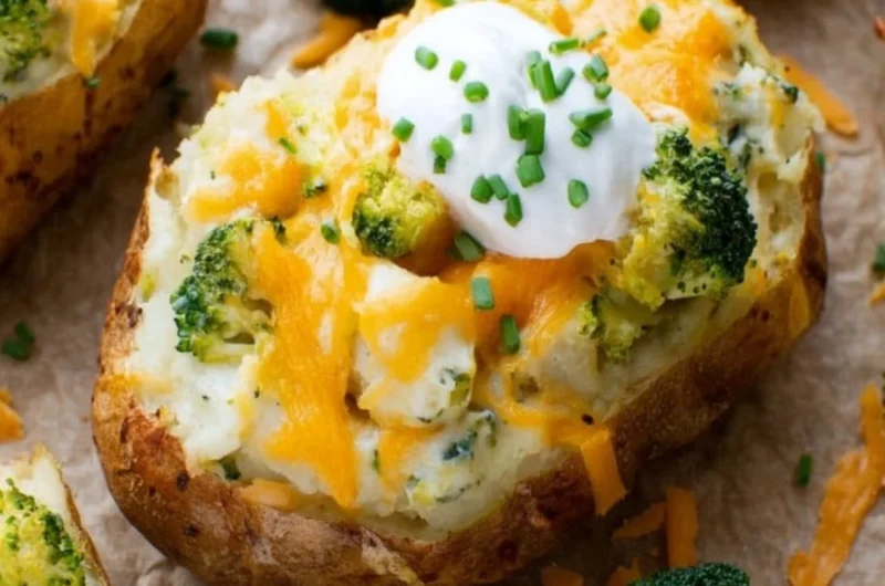 Broccoli and Cheddar Twice-Baked Potatoes topped with cheese and broccoli