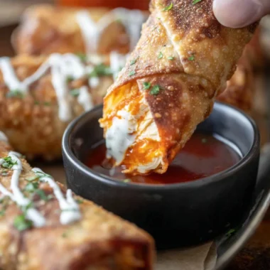 Buffalo chicken egg rolls served with dipping sauce on a platter