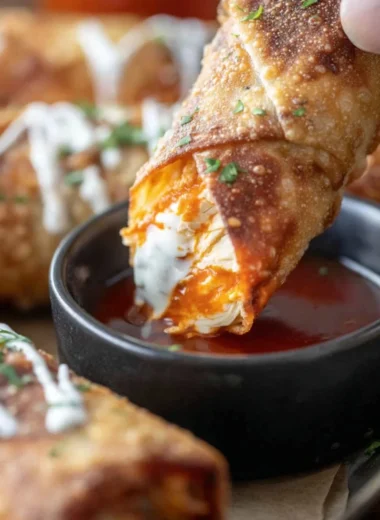 Buffalo chicken egg rolls served with dipping sauce on a platter