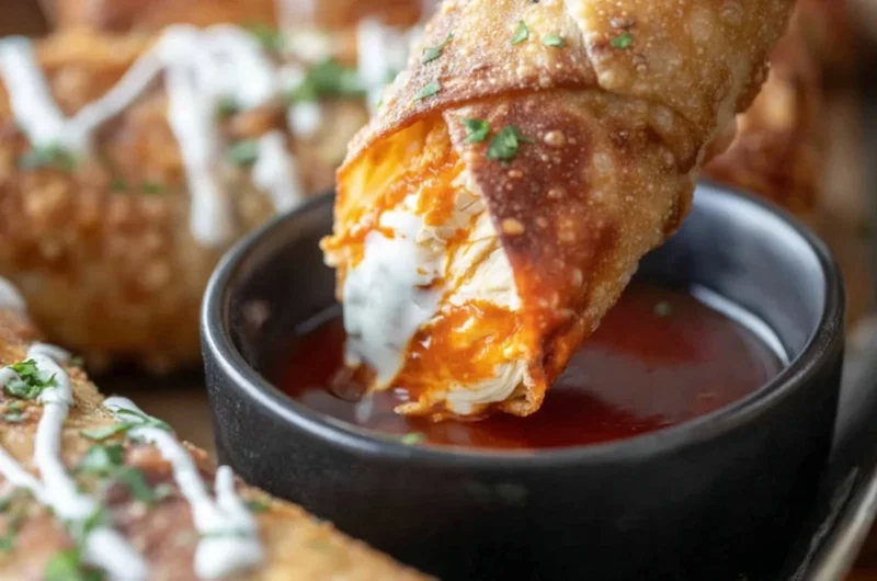 Buffalo chicken egg rolls served with dipping sauce on a platter