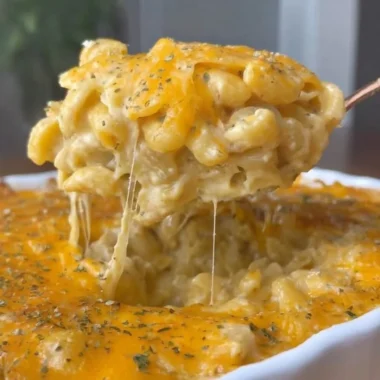 Delicious Buffalo Mac and Cheese topped with spicy sauce and melted cheese