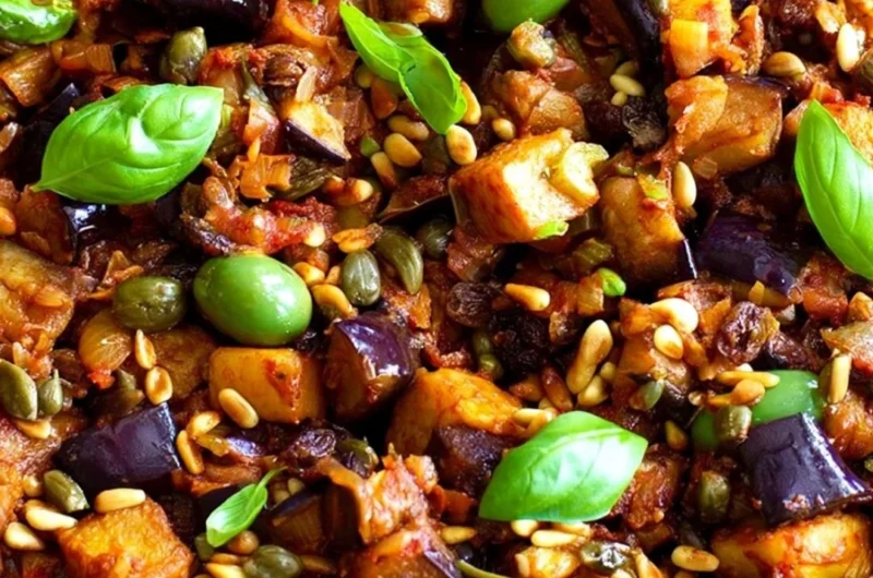 A vibrant bowl of Caponata, showcasing eggplant, tomatoes, and olives.
