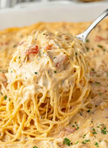 Delicious cheesy casserole baked with layers of cheese and pasta