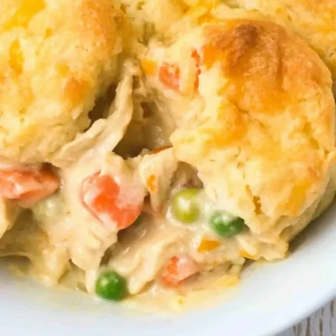 Delicious Chicken Cobbler fresh out of the oven, topped with golden biscuit crust.