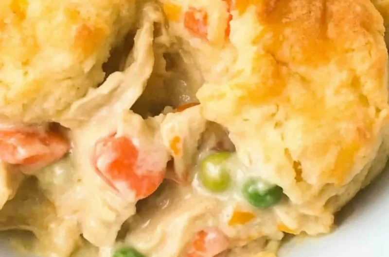 Delicious Chicken Cobbler fresh out of the oven, topped with golden biscuit crust.