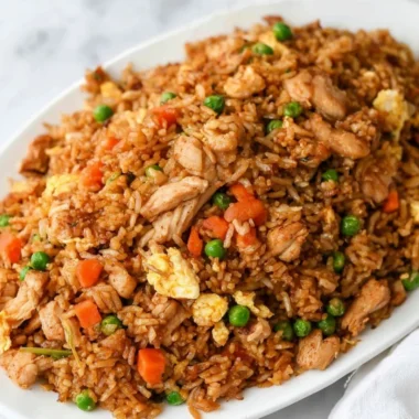 Bowl of Chinese chicken fried rice with vegetables and chicken pieces