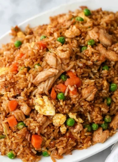 Bowl of Chinese chicken fried rice with vegetables and chicken pieces