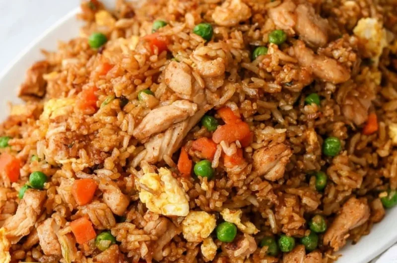 Bowl of Chinese chicken fried rice with vegetables and chicken pieces