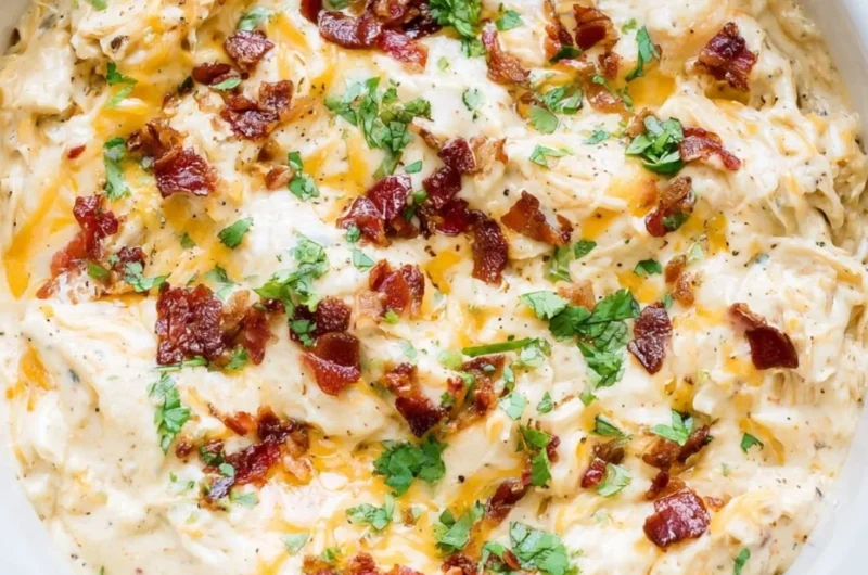 Delicious bowl of creamy Crack Chicken topped with herbs