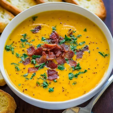 Bowl of creamy carrot soup topped with fresh herbs and croutons