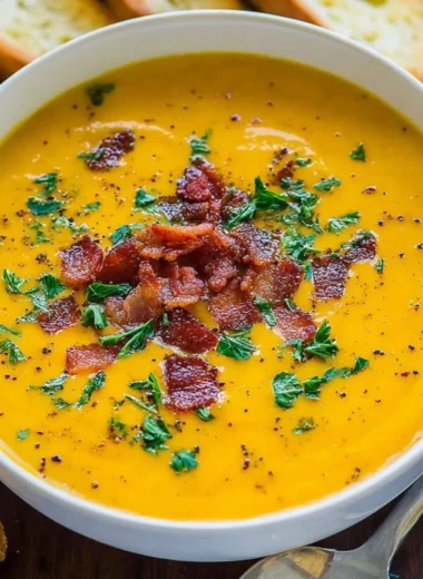 Bowl of creamy carrot soup topped with fresh herbs and croutons