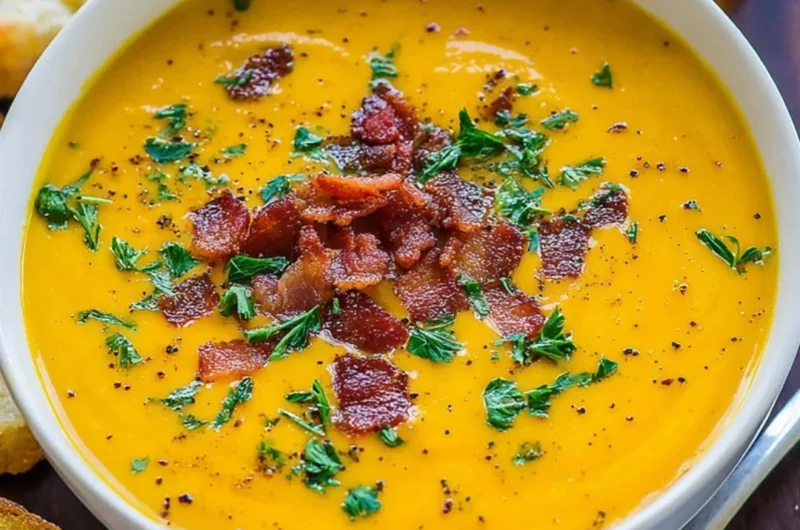 Bowl of creamy carrot soup topped with fresh herbs and croutons