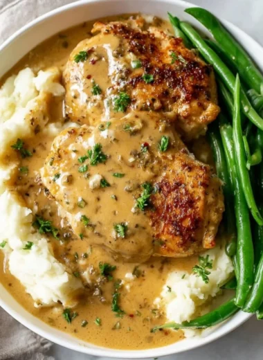 Delicious creamy garlic chicken served on a plate with herbs.