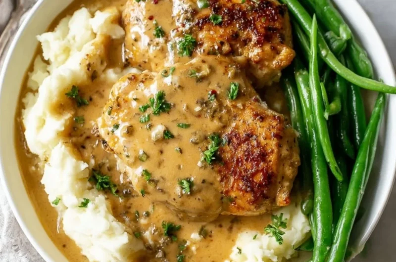 Delicious creamy garlic chicken served on a plate with herbs.