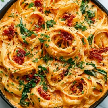 Creamy vegan sun-dried tomato pasta served in a bowl, garnished with fresh herbs.