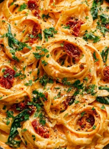 Creamy vegan sun-dried tomato pasta served in a bowl, garnished with fresh herbs.