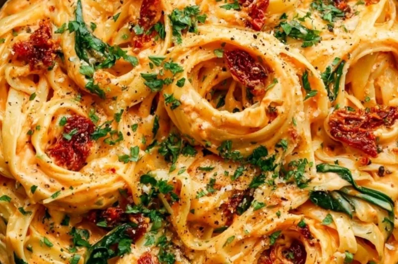 Creamy vegan sun-dried tomato pasta served in a bowl, garnished with fresh herbs.