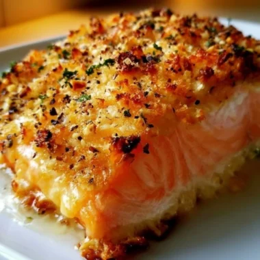 Crispy Parmesan Crusted Baked Salmon garnished with herbs on a plate.