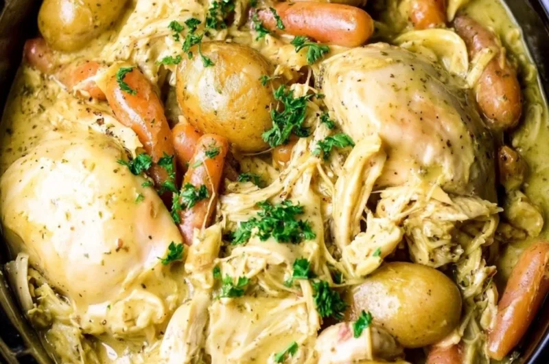 Crockpot ranch chicken served with fresh vegetables in a cozy dish