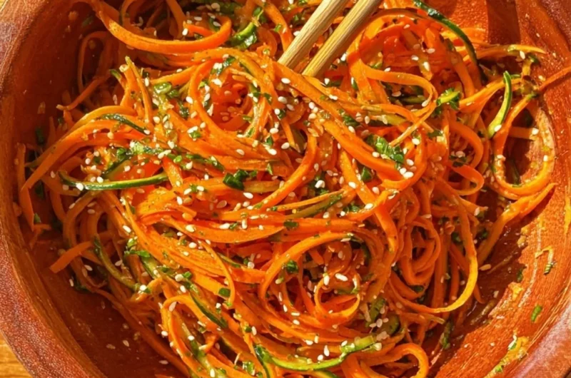Cucumber carrot salad topped with fresh herbs and a light dressing