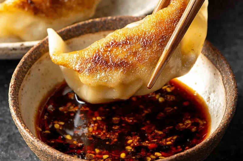 Delicious dumpling dipping sauce in a small bowl with dumplings.