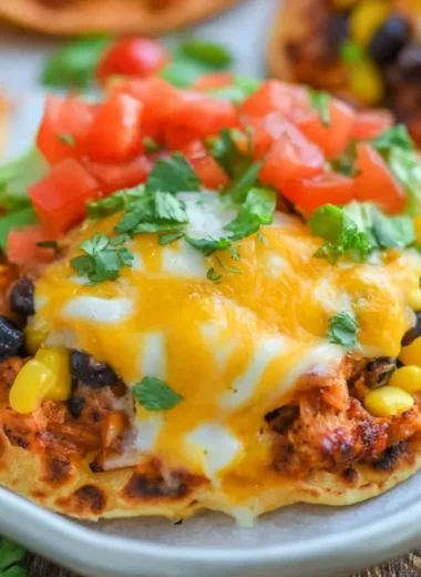 Delicious chicken tostadas topped with fresh ingredients and served on a plate.