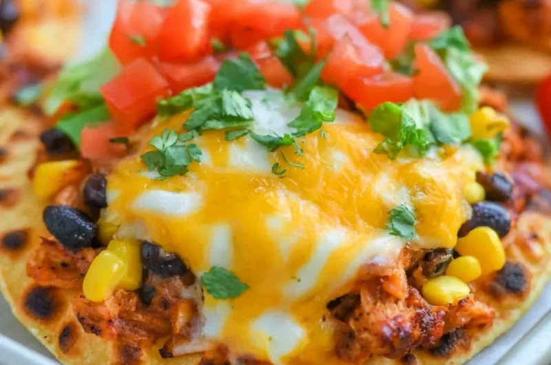 Delicious chicken tostadas topped with fresh ingredients and served on a plate.