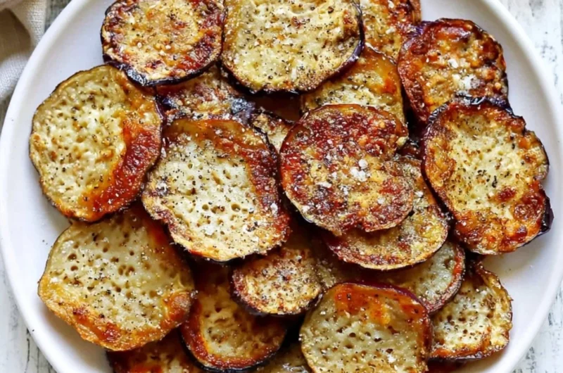 Bowl of crispy homemade eggplant chips served with a dip
