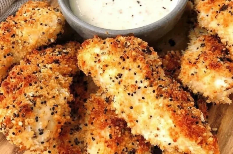 Delicious Everything Bagel Chicken Tenders served with dipping sauce