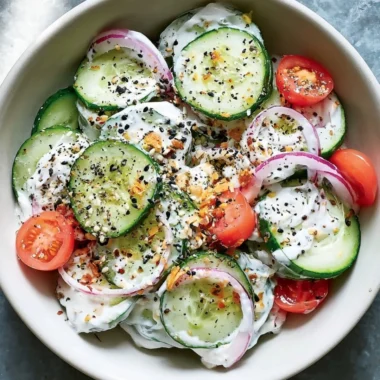 Fresh cucumber salad topped with Everything Bagel seasoning in a vibrant bowl.