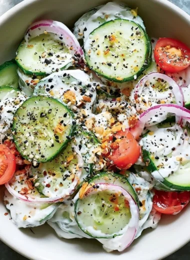 Fresh cucumber salad topped with Everything Bagel seasoning in a vibrant bowl.