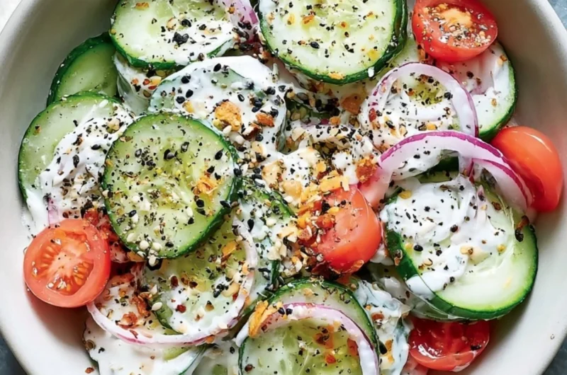 Fresh cucumber salad topped with Everything Bagel seasoning in a vibrant bowl.