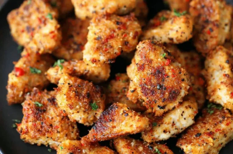 Crispy Garlic Parmesan Chicken Bites served on a platter