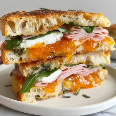 Goat cheese and ham focaccia sandwich with apricot jam on a wooden board